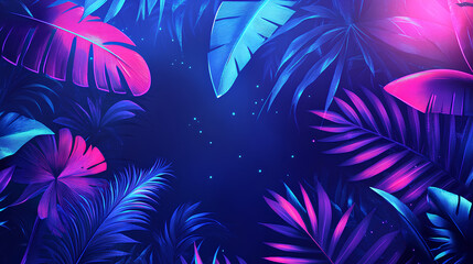 A vibrant, neon jungle background featuring tropical leaves and a mystical atmosphere.