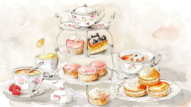 Illustration of Elegant high tea setup with assorted pastries and tea cups