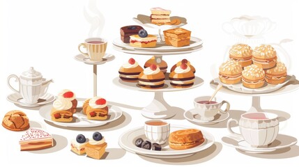 Illustration of Elegant high tea setup with assorted pastries and tea cups