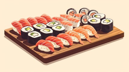 Illustration of Elegant sushi platter with various types of rolls and sashimi