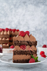 Naked chocolate raspberry cake with chocolate cream filling on a board on a concrete background.
