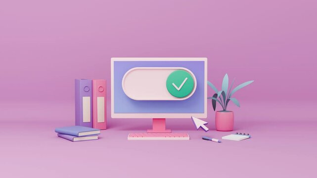 Desk setup, computer monitor with On Off switch button. 3d render animation, cartoon style. interface button, mouse click, slide bar. Animated stock footage