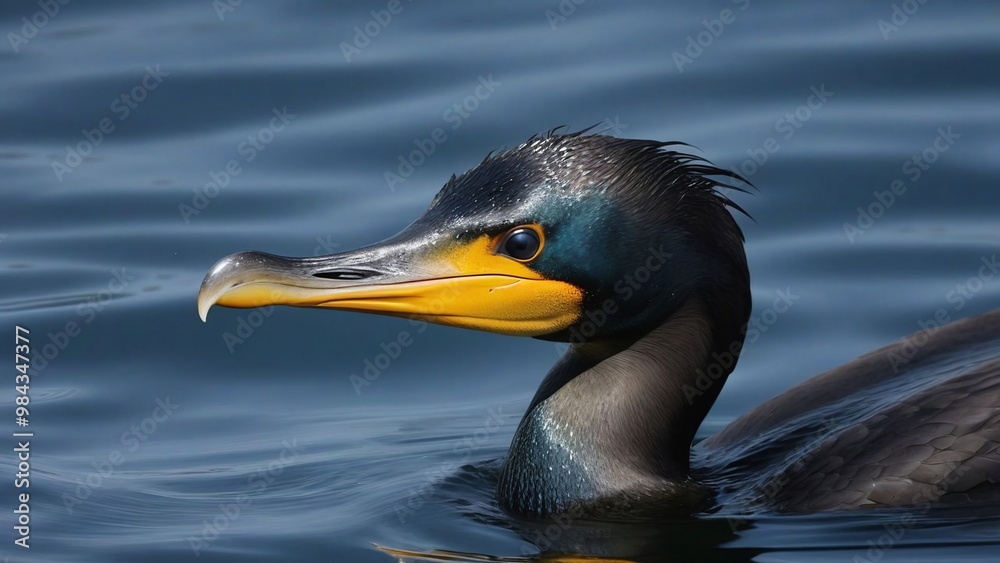 Wall mural a duck with a yellow beak swims in the water