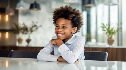 A young boy with curly hair beams with a bright smile in a chic, modern kitchen with stylish lighting and decor.