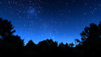 Night Sky Filled with Stars over a Silhouetted Forest, Creating a Tranquil and Serene Atmosphere