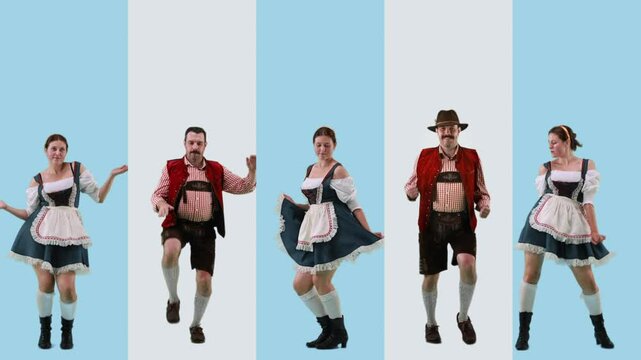 Collage. Young man and woman wearing traditional Bavarian clothes dynamically dancing against white and blue background. Concept of Oktoberfest, traditions, beer festival, celebration