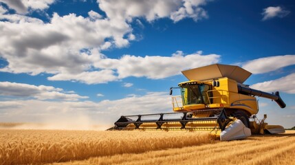 Obraz premium A gleaming yellow combine harvester maneuvers through a golden wheat field under a vast blue sky with scattered clouds, epitomizing modern agriculture.