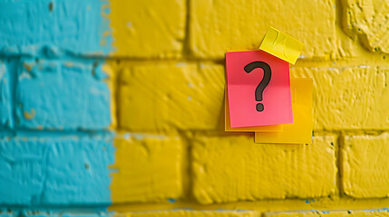 A Close-Up of a Question Mark on a Pink Sticky Note, Placed on a Yellow Brick Wall with a Blue Brick Wall in the Background