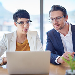 Business people, partnership and meeting with laptop in office for financial review and company...