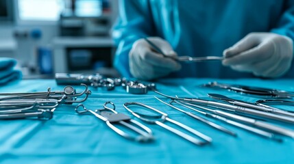 Naklejka premium A sterile operating room with advanced surgical instruments laid out, ready for a complex procedure, emphasizing precision and technology in medicine