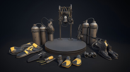 A collection of safety equipment featuring boots, gloves, masks, and tanks on a display pedestal ideal for industrial themes.
