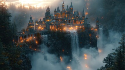 Enchanted castle with waterfalls surrounded by mist and trees.