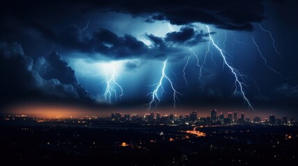 Lightning bolts dramatically illuminate a dark stormy sky over a silhouetted cityscape, highlighting the raw power and beauty of nature.