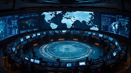 Obraz premium High-tech circular command center, screens surrounding the room showing global data feeds, operators focused on different areas of world events and analytics