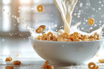 Milk pouring on cereal bowl,for healthy breakfast and food kids concept.