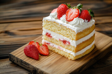 A delicate vanilla sponge cake with fresh whipped cream and strawberries on a blank wooden board. The background offers ample blank space, perfect for adding logos or promotional text for bakery ads