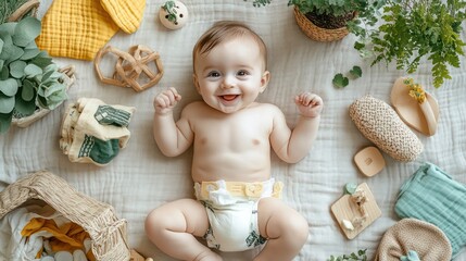 A baby surrounded by eco-friendly products, such as cloth diapers and wooden toys, in a sustainable home