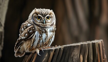 Intimate portrait of a Little Owl perched gracefully on a rustic log