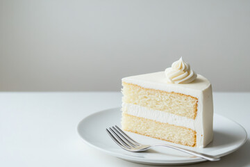 A minimalist cake slice on a plate, with a fork on the side and a blank white background. The clean composition provides enough space for marketing messages or promotional details in food-related ads.