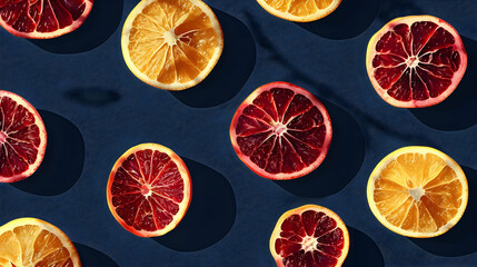 A Flat Lay of Sliced Oranges and Grapefruits with Shadows on a Blue Background