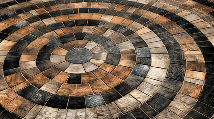 Fototapeta premium Circular Stone Tile Pattern in Brown, Gray, and Beige Tones, Creating a Visually Appealing and Decorative Floor or Pavement Design.