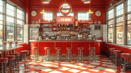 Retro diner interior with red decor and classic seating.