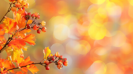 Fototapeta premium Autumn Branch with Bright Orange and Yellow Leaves and Berries, Set Against a Blurred Background of Warm Colors, Autumn Background