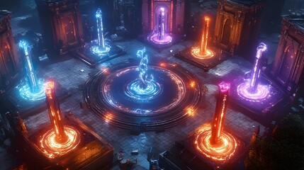 Aerial view of magical towers forming a ring, each glowing with unique sorcery, with a central courtyard featuring ancient magical runes and energy orbs