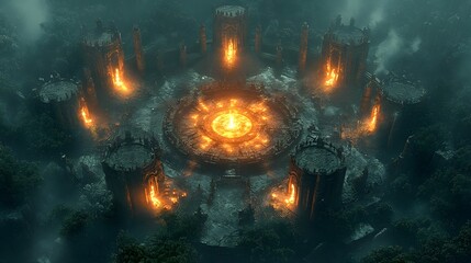 Aerial view of magical towers forming a ring, each glowing with unique sorcery, with a central courtyard featuring ancient magical runes and energy orbs