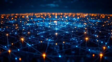 Fototapeta premium An expansive circular server farm, computers arranged in precise rows, each connected by a web of data cables, soft light illuminating the intricate network