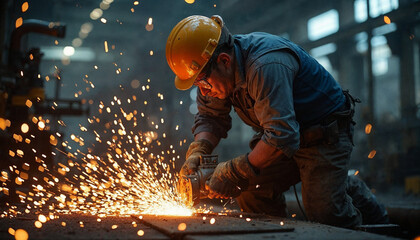 Worker cutting metal in a shipyard with dramatic sparks illuminating the dark surroundings.






