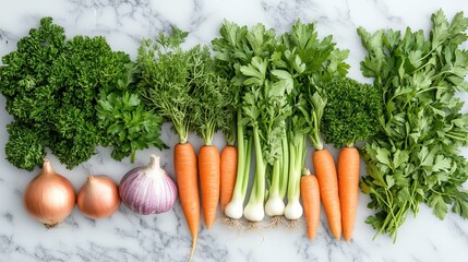 Fresh Parsley, Carrots, Onions, and Garlic on a Marble Countertop