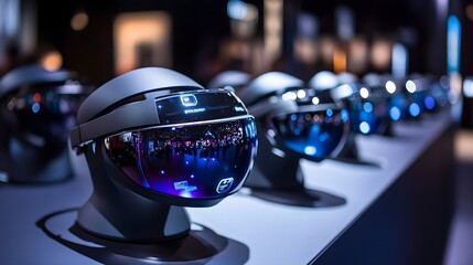 Augmented reality headsets arranged in a perfect circle, showcased at a high-tech expo, digital holograms and futuristic designs reflecting innovation