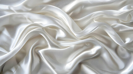 Fototapeta premium Close-Up View of Smooth White Satin Fabric Draped and Flowing in Soft Waves, Creating an Elegant and Luxurious Background for Design and Decoration.