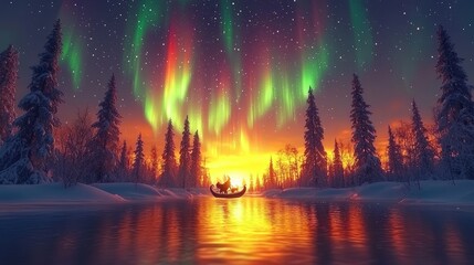 Santa Claus flying across the night sky in his sleigh pulled by reindeer, the aurora borealis glowing in vibrant colors, casting a magical light on a snow-covered wilderness below, with twinkling star