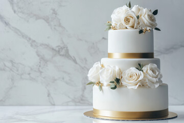 A three-tiered wedding cake adorned with white roses and gold accents, set on a blank marble surface. The elegant design leaves ample space for text, perfect for bridal promotions or event planning.