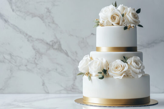 A three-tiered wedding cake adorned with white roses and gold accents, set on a blank marble surface. The elegant design leaves ample space for text, perfect for bridal promotions or event planning. - Powered by Adobe