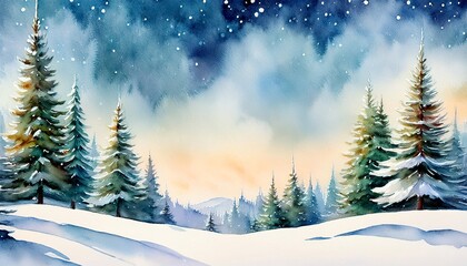 Obraz premium Watercolor Painting of a Snowy Landscape with Pine Trees