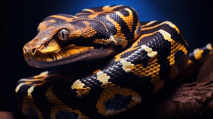 Obraz premium A close-up of a majestic snake with striking patterns and vibrant colors, coiled gracefully, showcasing its intricate scales and powerful presence.