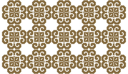 Golden cross stitch pattern, spiral and flower shapes, traditional ethnic pattern, abstract design for printing fabric, dress, carpet, curtain.