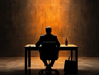 A successful executive in a meeting, visibly composed but with an empty bottle visible in their bag, representing the hidden struggles