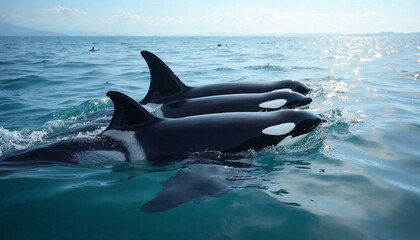Fototapeta premium A pod of orcas swims gracefully through lightly rippled ocean waters under a clear sky. 