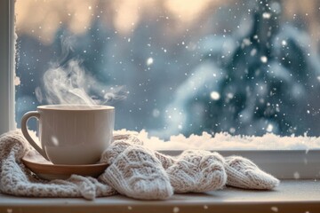 Steaming Mug of Hot Beverage on Windowsill During a Snowfall