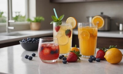 Fototapeta premium Fresh lemonade and berries on the kitchen counter