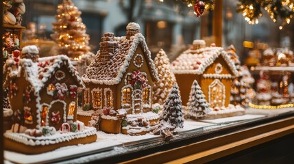 A Christmas-themed bakery window display with gingerbread houses