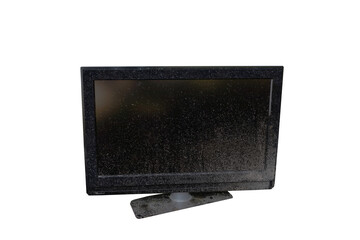 Very dirty, dusty, muddy LED TV on a stand. On isolated transparent background.