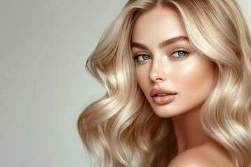 Fototapeta premium Beautiful blonde woman with elegant wavy hairstyle, beauty salon concept