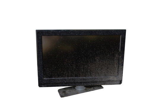 Very dirty, dusty, muddy LED TV on a stand. On isolated transparent background.