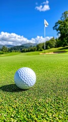 Fototapeta premium Golf Ball on Sunny Green Course with Flag in Background