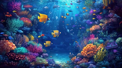 Naklejka premium A detailed sea life underwater illustration, showcasing colorful fish, corals, and marine creatures in a vibrant underwater world.